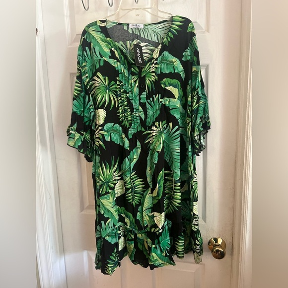 Tropical Mini Lightweight Dress Swim Cover Up Women’s Large 100% Rayon Green - Picture 1 of 6